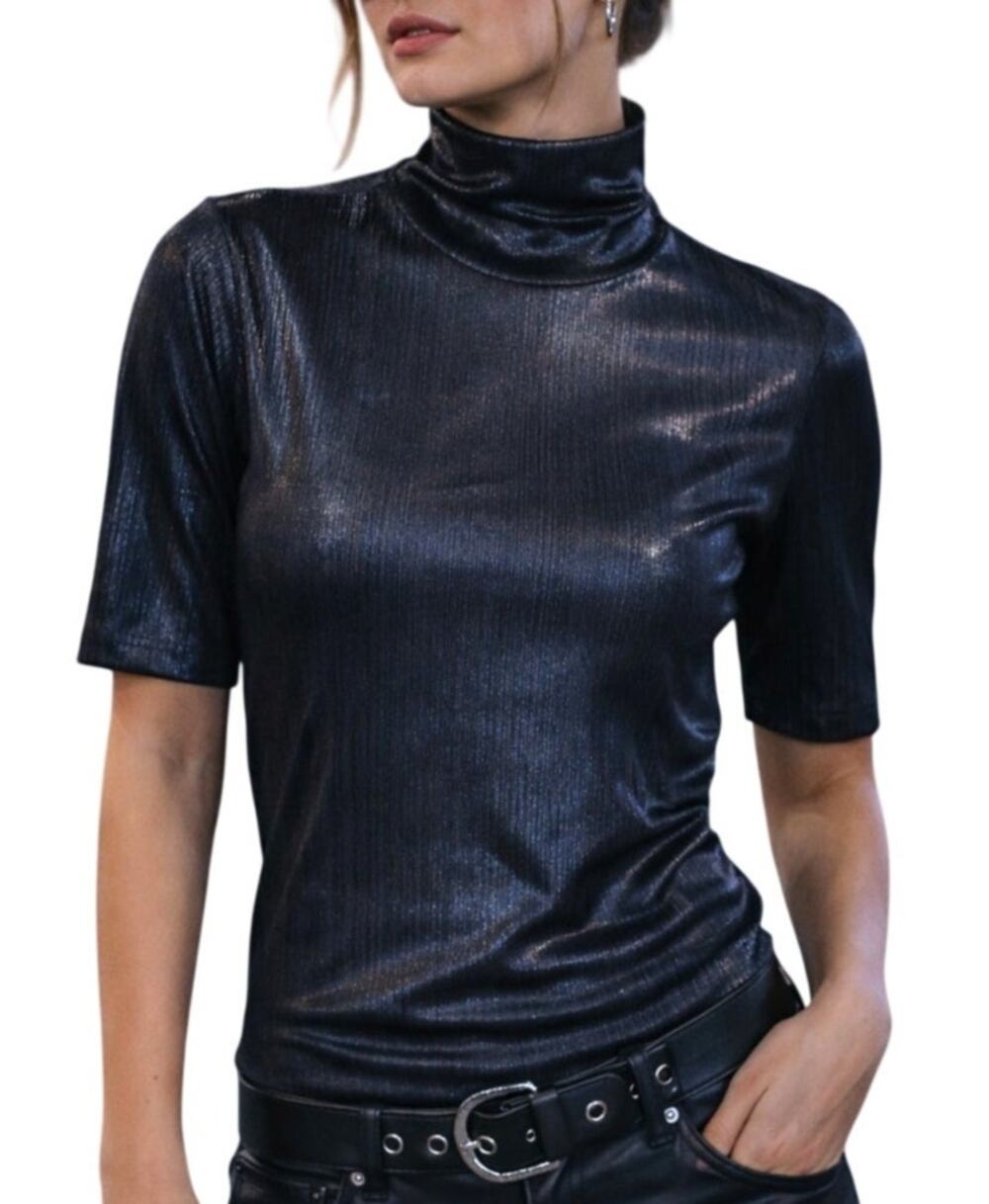 Pallas Womens Metallic Lurex Turtleneck Top S Black Designer Edgy Luxury Evening